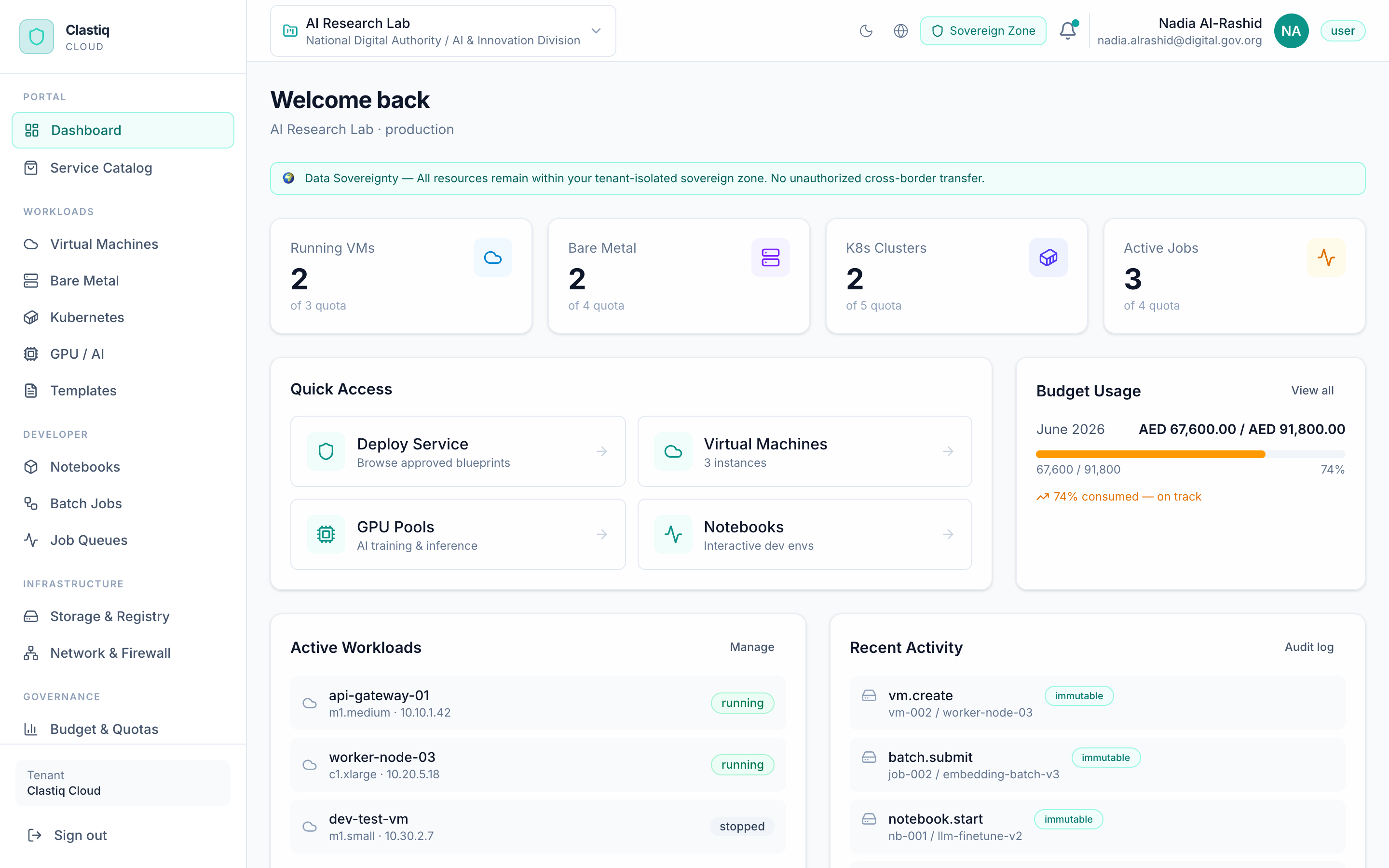 Project overview with quotas, quick access, budget usage, and recent activity.